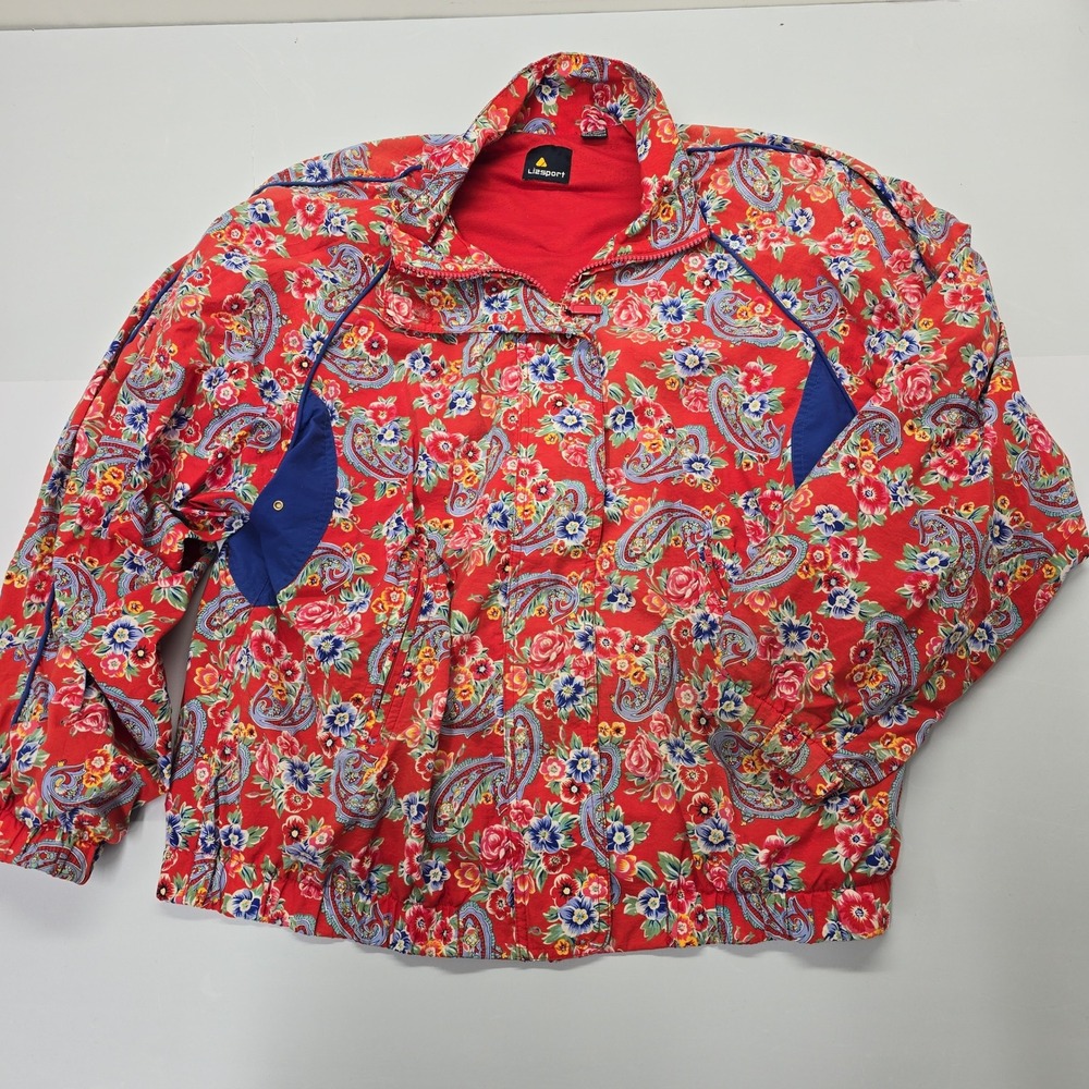 Lizsport Vintage 90s Women Red Floral Paisley Windbreaker Jacket Full Zip XL‎
